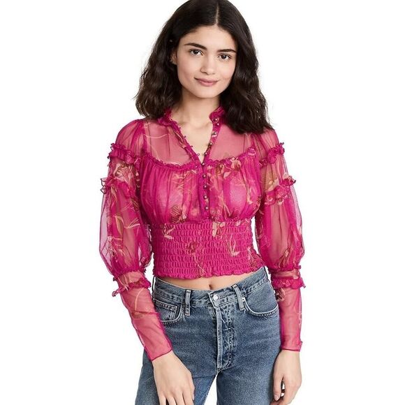 Free People “Women’s Time To Shine”Mesh Top w/Brass Buttons Fuchsia Size S - Picture 3 of 9